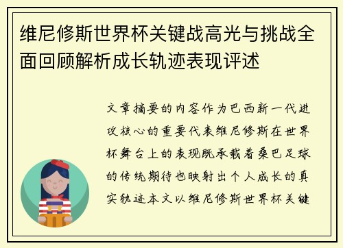 维尼修斯世界杯关键战高光与挑战全面回顾解析成长轨迹表现评述